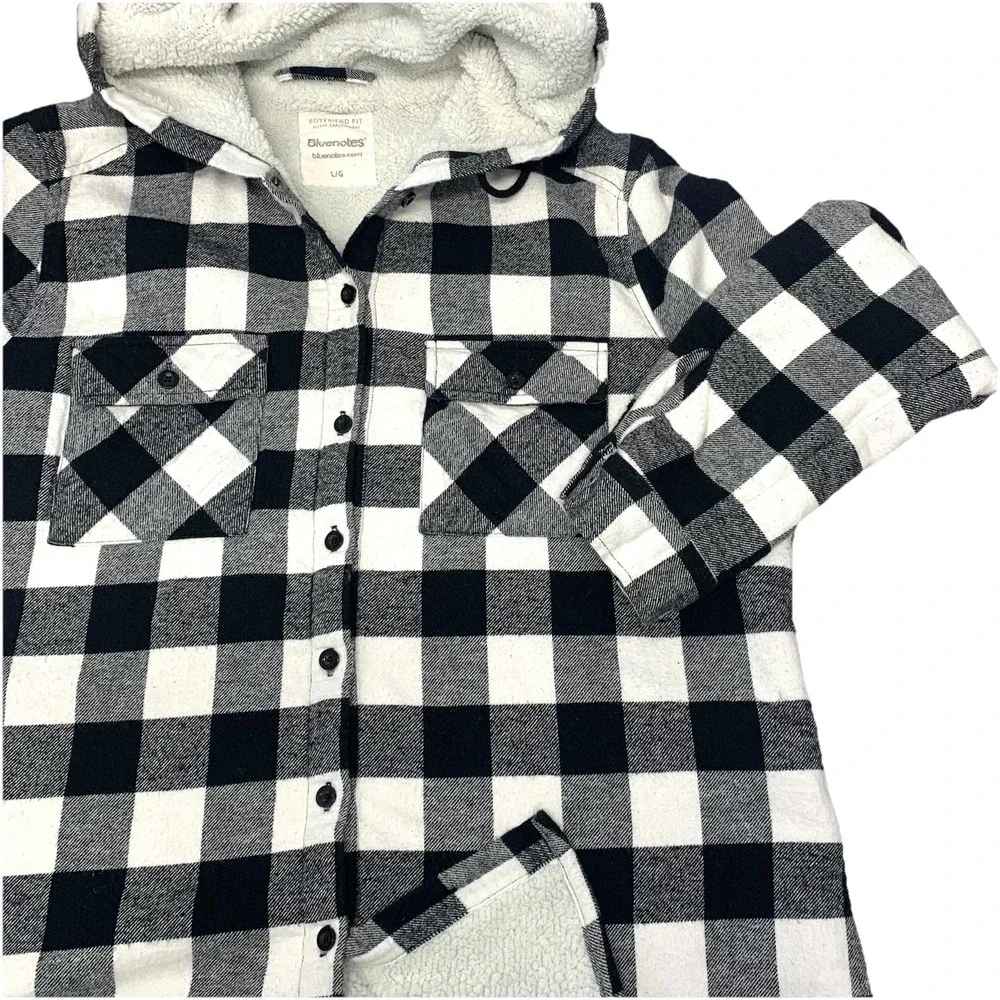 Blue Notes Sherpa Lined Buffalo Plaid Boyfriend Shirt Jacket Woman Large Hood - Picture 2 of 9